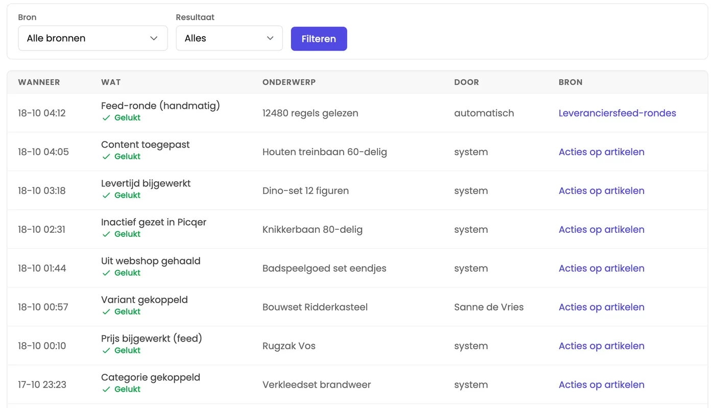 De activiteit-log van KM Service: per regel wanneer, wat er gebeurde (zoals een feed-ronde, levertijd bijgewerkt of prijs bijgewerkt), het artikel, wie het deed en de bron.