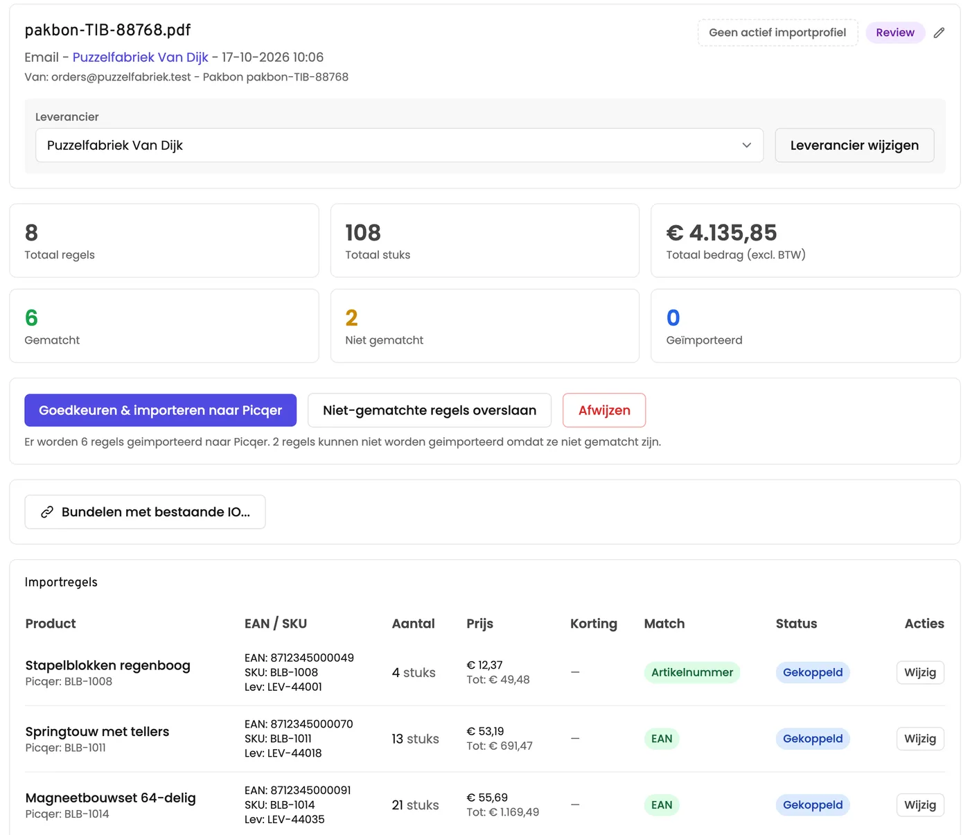 Een ingelezen pakbon-PDF in KM Service: 8 regels en 108 stuks herkend, 6 gekoppeld aan artikelen op EAN of artikelnummer, 2 niet gematcht, met de knop Goedkeuren en importeren naar Picqer.