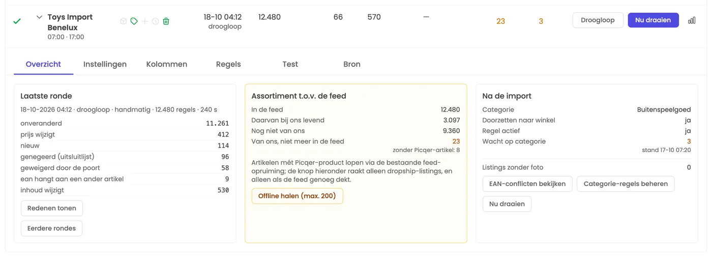 Een leveranciersfeed in KM Service na een ronde van 12.480 regels: 11.261 onveranderd, 412 prijzen gewijzigd, 114 nieuw, 96 genegeerd en 58 geweigerd door de poort, met het assortiment ten opzichte van de feed en knoppen voor droogloop en nu draaien.