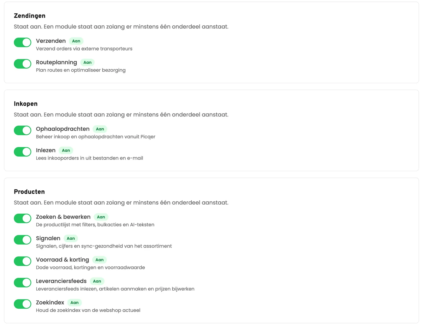De module-instellingen van KM Service: per onderdeel een schakelaar, zoals verzenden, routeplanning, ophaalopdrachten, inlezen, leveranciersfeeds en zoekindex.