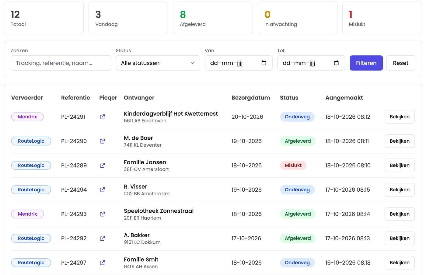 Het zendingenoverzicht in KM Service: per zending de vervoerder (RouteLogic of Mendrix), referentie, ontvanger, bezorgdatum en status zoals onderweg, afgeleverd of mislukt.